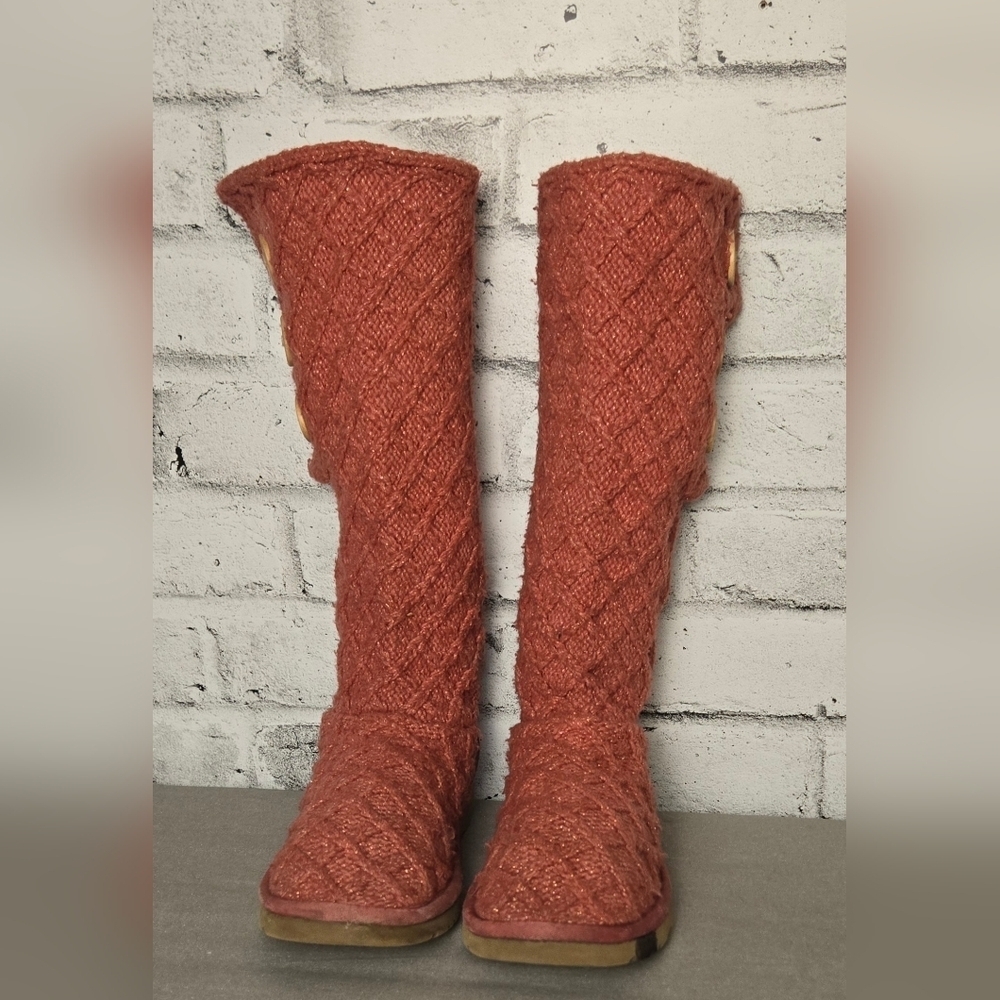 UGG Australia Classic Cardy Knit Button Boots Coral Orange Tall Size 8 - Picture 2 of 11